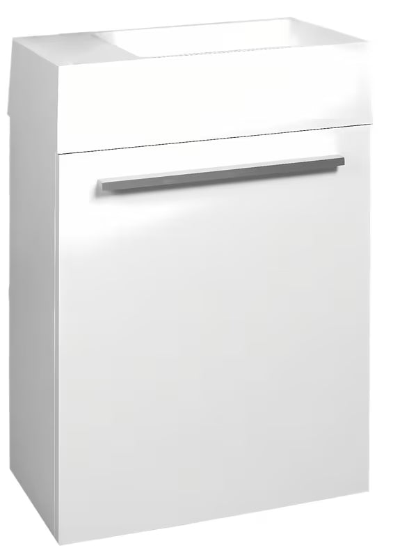 Bijeli ormarić s umivaonikom Naturel Verona s lakiranom frontom i mogućnošću okretanja vrata i mali umivaonici.