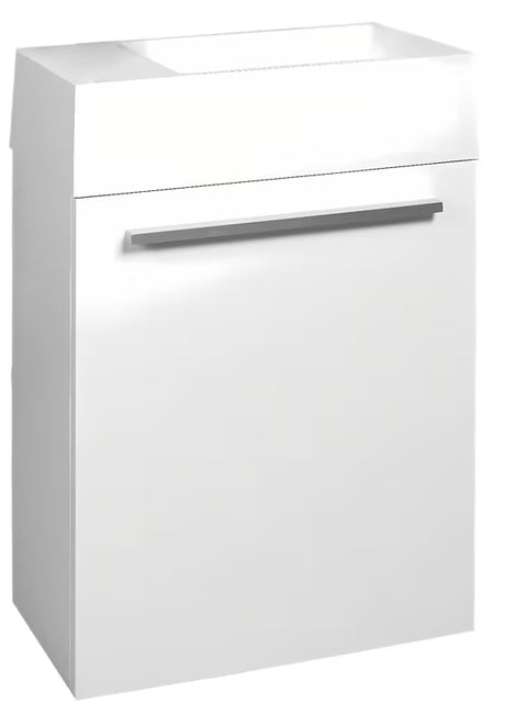 Bijeli ormarić s umivaonikom Naturel Verona s lakiranom frontom i mogućnošću okretanja vrata i mali umivaonici.