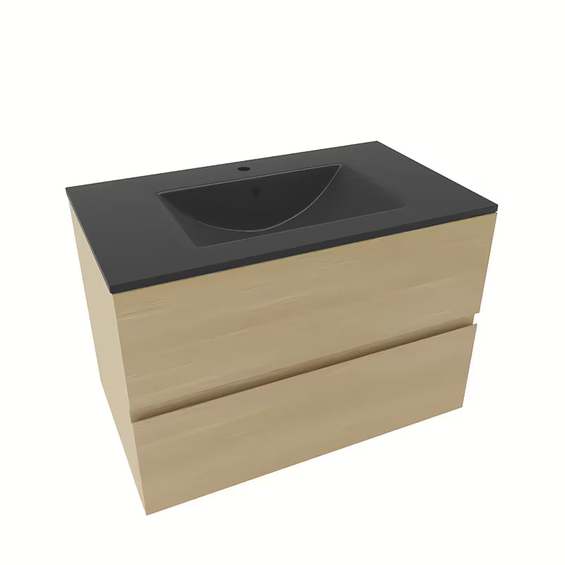 Viseća kupaonski ormarić Naturel Verona s ladicama i keramičkim umivaonikom u svijetlom drvu.