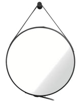 Okruglo viseće ogledalo Naturel promjera 50 cm s crnim kožnim remenom i metalnom kukom.