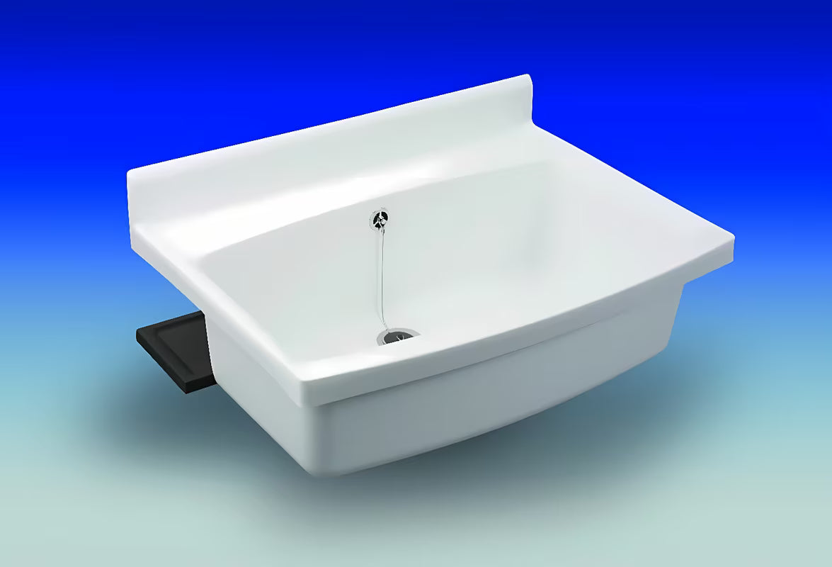 Bijeli servisni izljevnik Nicoll Abu Maxi 70x50 cm s odlagališnom plohom i mogućnošću ugradnje stojeće slavine.