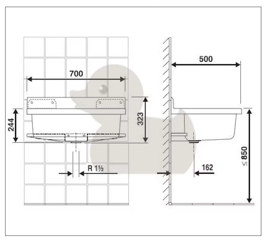 Bijeli servisni izljevnik Nicoll Abu Maxi 70x50 cm s odlagališnom plohom i mogućnošću ugradnje stojeće slavine.