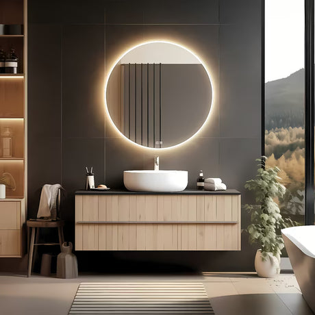 Okruglo LED kupaonsko ogledalo Nimco s pozadinskim osvjetljenjem po obodu, promjer 80 cm.