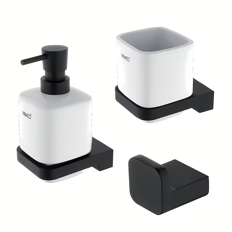 Nimco Maya set zidnih kupaonskih dodataka u mat crnoj boji s keramičkim elementima