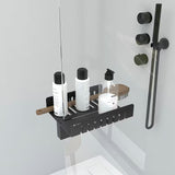 Crna kupaonska police za staklo walk in tuš-kabine bez bušenja, s otvorima za ocjeđivanje