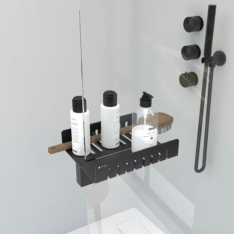 Crna kupaonska police za staklo walk in tuš-kabine bez bušenja, s otvorima za ocjeđivanje