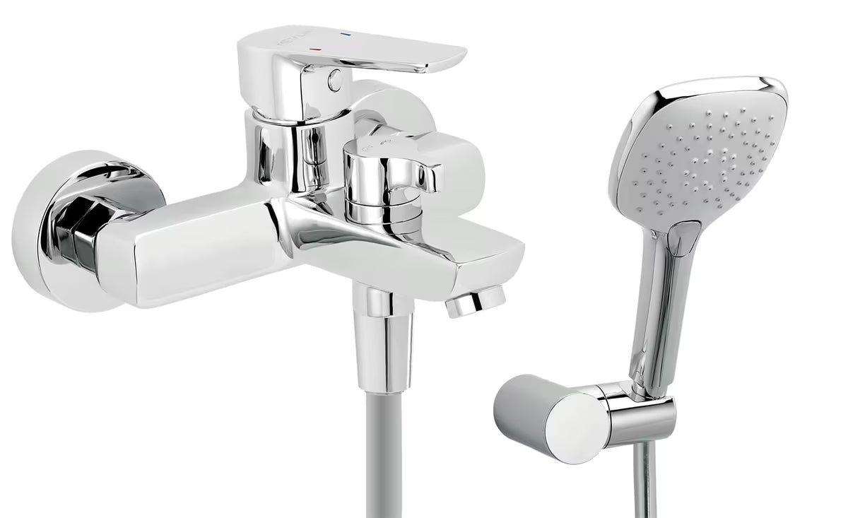 Novaservis Metalia 58 Eco jednoručna baterija zidna miješalica za kadu s tuš setom u sjajnom kromu.