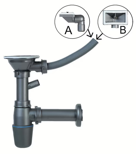 Sivi plastični sifon za sudoper Novaservis s integriranim preljevom pro otvor 89 mm.