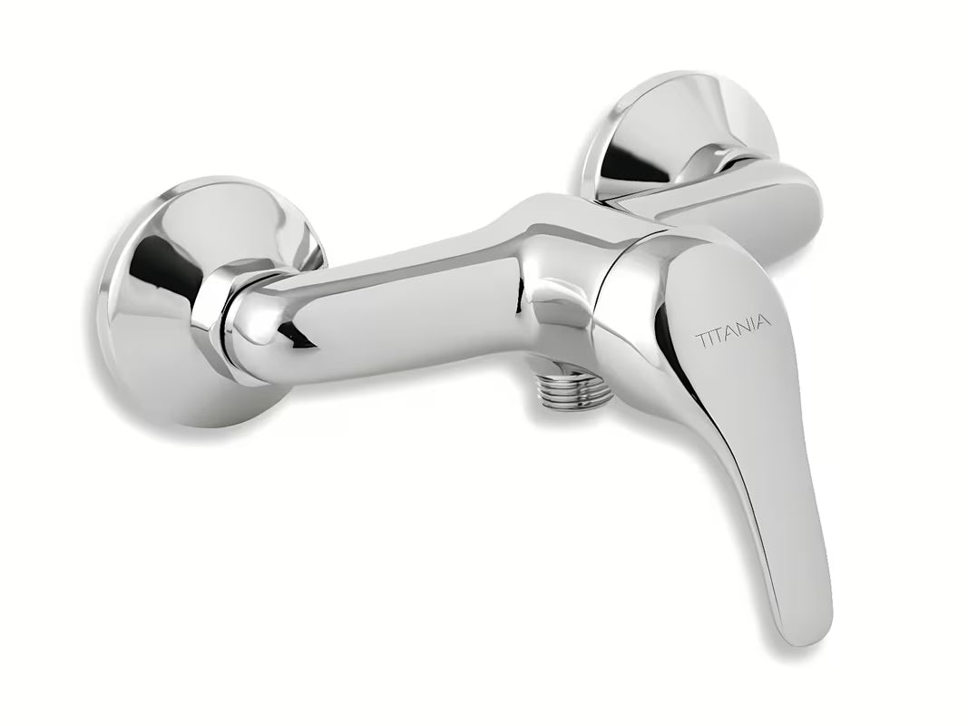 Jednoručna Baterija zidna miješalica za tuš Novaservis Titania Iris u krom izvedbi s donjim izljevom.