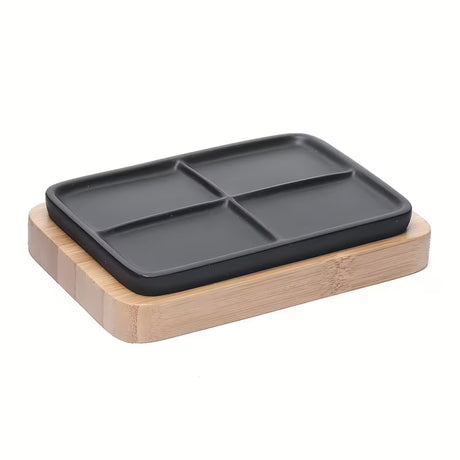 Samostojeći  posuda za sapun Optima Hombre u crno-mat izvedbi s bambusovim drvom