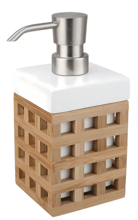 Samostojeći  dozator sapuna Optima Libra u bijeloj boji s bambusovim elementom i četvrtastim dizajnom.