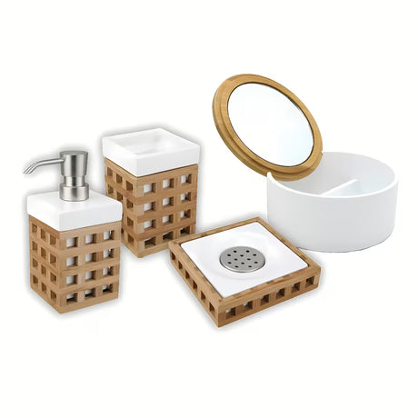 Optima Libra samostojeći  set kupaonskih dodataka od keramike i drva, četvrtastog dizajna