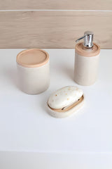 Ovalna posuda za sapun Optima Poly u nijansi light-limestone od polirezina i drva.