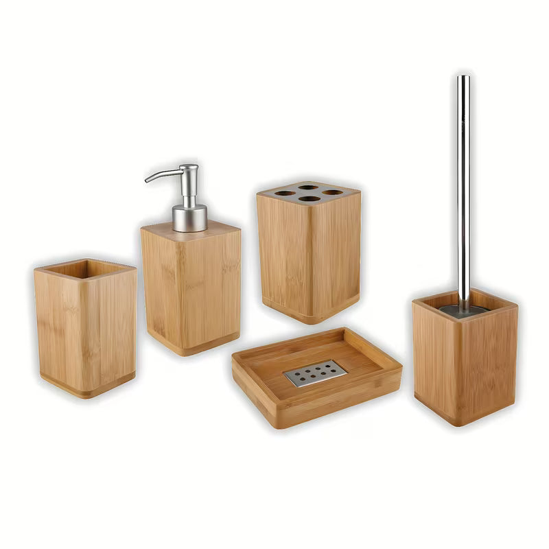 Optima Latia set samostojećih kupaonskih dodataka od bambusa i nehrđajućeg čelika