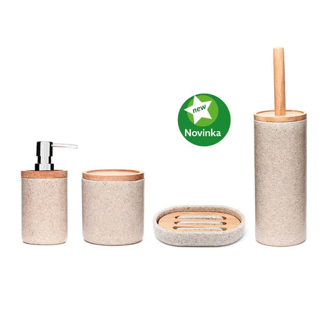 Set kupaonskih dodataka Optima Poly u boji pijeska s drvenim elementima