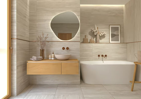 Samostojeći  dozator za tekući sapun Optima Tera u dekoru light-limestone s pumpicom rose gold.