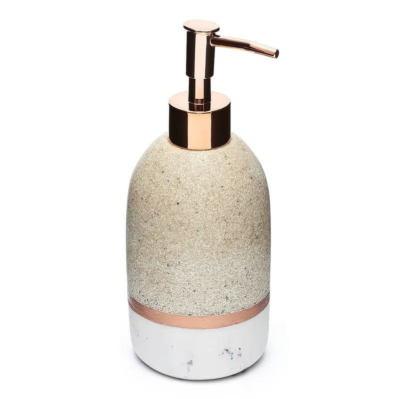 Samostojeći  dozator za tekući sapun Optima Tera u dekoru light-limestone s pumpicom rose gold.