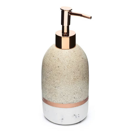 Samostojeći  dozator za tekući sapun Optima Tera u dekoru light-limestone s pumpicom rose gold.