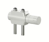 Bijeli univerzalni termostatski ventil pro radijator sa središnjim priključkom i razmakom 50 mm.