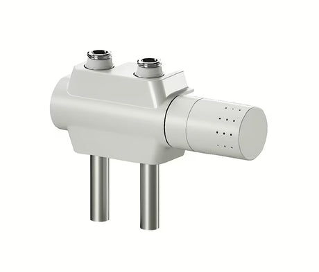 Bijeli univerzalni termostatski ventil pro radijator sa središnjim priključkom i razmakom 50 mm.