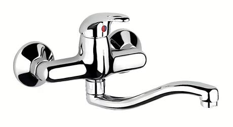 Kromirana miješalica za umivaonik Paffoni Laguna s metalnom ručicom zaobljenog dizajna.