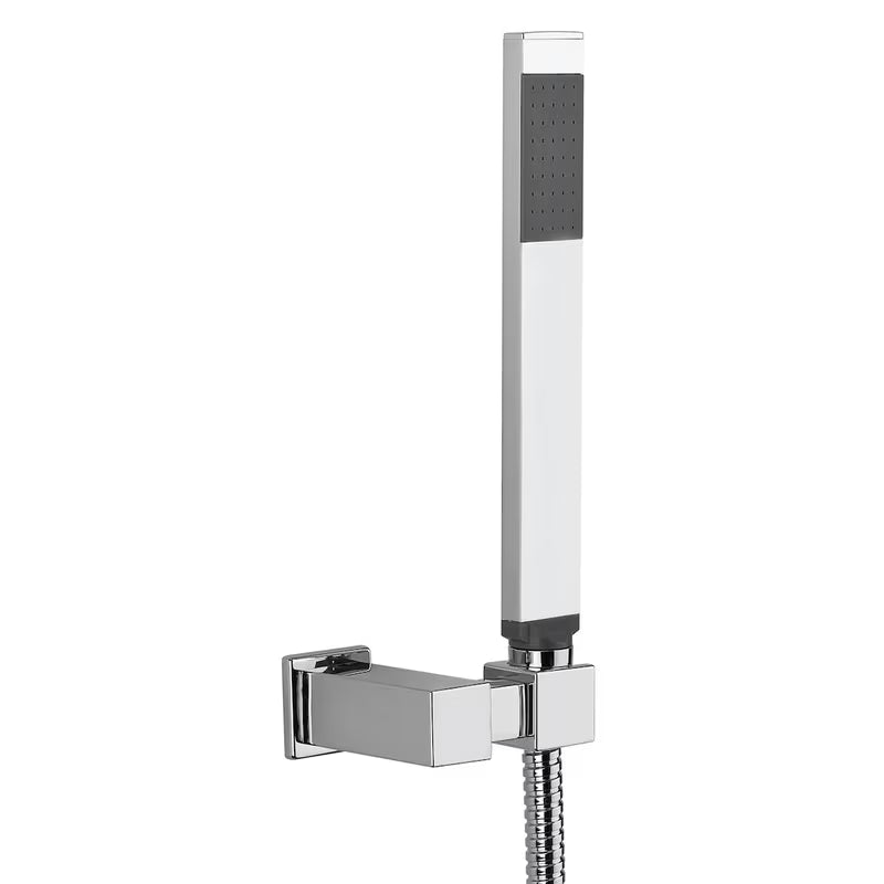 Kromirani set za kadu Paffoni Level s ručnim tušem, držačem i crijevom u modernom četvrtastom dizajnu.