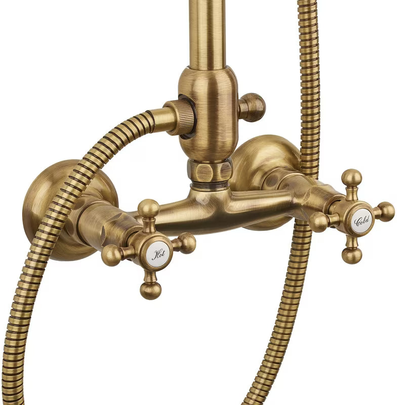 Paffoni Ricordi brončani tuš sustav u retro dizajnu s nadglavnim i ručnim tušem te zidnom slavinom.