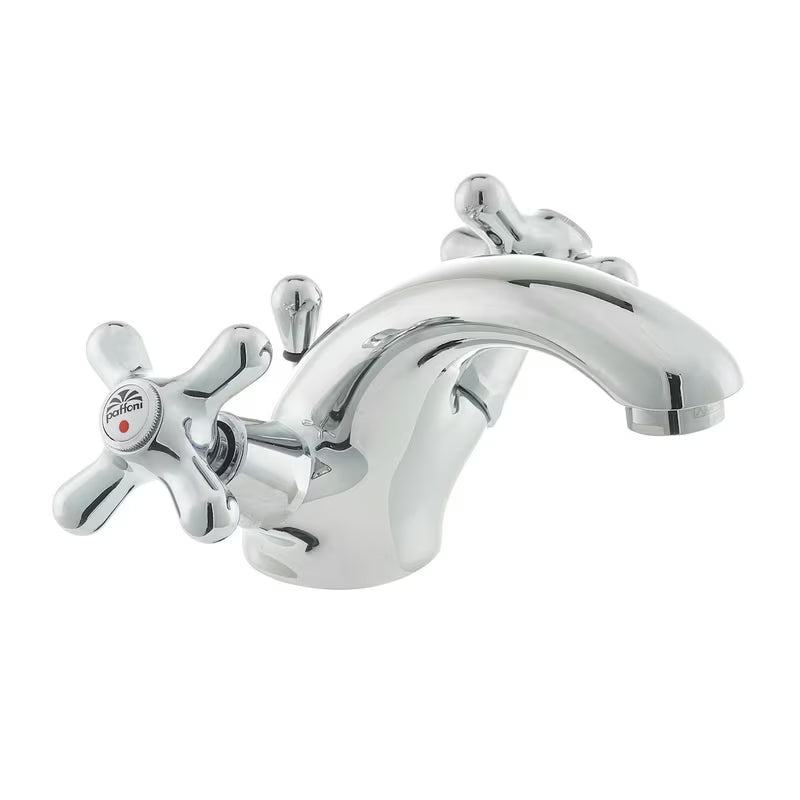 Kromirana ventilna stojeća miješalica za umivaonik Paffoni Ricordi s odvodom u retro dizajnu.