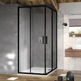 Kvadratni kutni tuš kabina Ravak Blix Slim 90x90 cm u crnoj boji s prozirnim staklom i kliznim vratima.