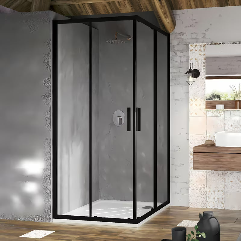 Kvadratni kutni tuš kabina Ravak Blix Slim 90x90 cm u crnoj boji s prozirnim staklom i kliznim vratima.