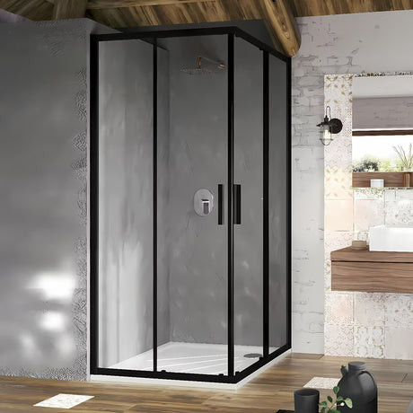 Kvadratni kutni tuš kabina Ravak Blix Slim 90x90 cm u crnoj boji s prozirnim staklom i kliznim vratima.