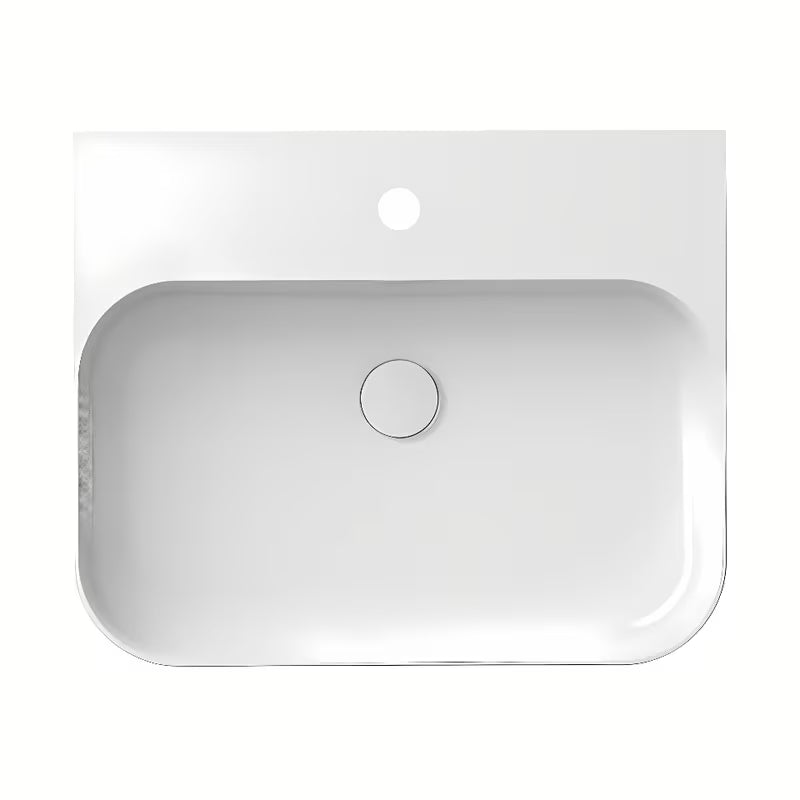 Bijeli tankostijeni keramički umivaonik Ravak Ceramic Slim na ploču s preljevom i otvorom pro za stojeću slavinu.