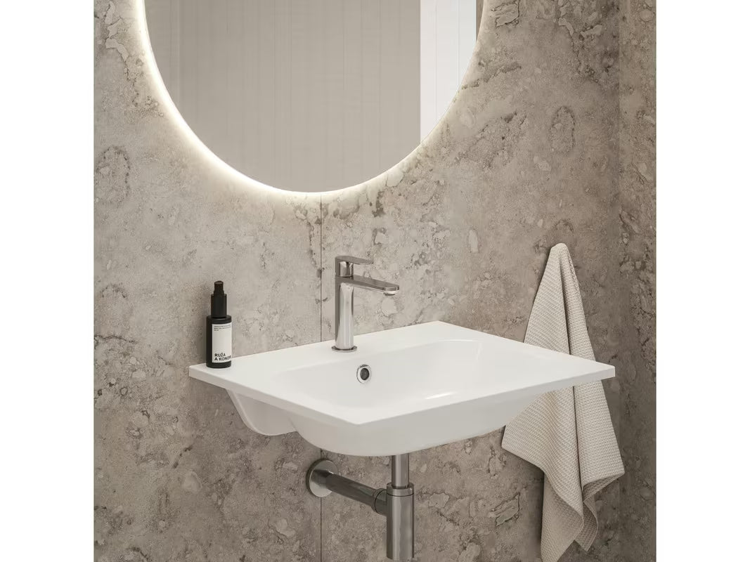 Bijeli umivaonik za kupaonski ormarić Ravak Chrome Slim 60 x 49 cm od lijevanog mramora s preljevom