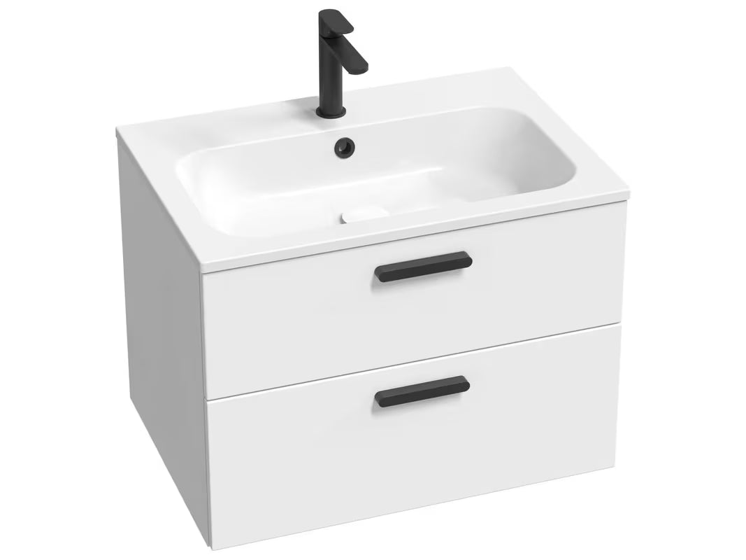 Bijeli tankostijeni umivaonik za kupaonski ormarić Ravak Chrome Slim od lijevanog mramora s preljevom