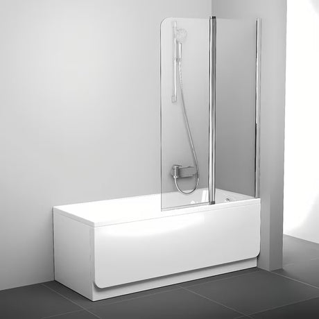 Dvodijelna paravan za kadu Ravak Chrome u sjajnom kromu s prozirnim sigurnosnim staklom i okretnim stupićem.