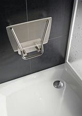 Sklopive sjedalo za tuš Ravak Ovo B II s konstrukcijom od nehrđajućeg čelika i prozirnim sjedalom Clear.