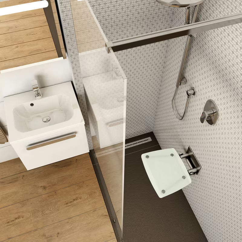 Sklopive sjedalo za tuš Ravak Ovo B s konstrukcijom od nehrđajućeg čelika i poluprozirno bijelim sjedalom Opal (Clear).