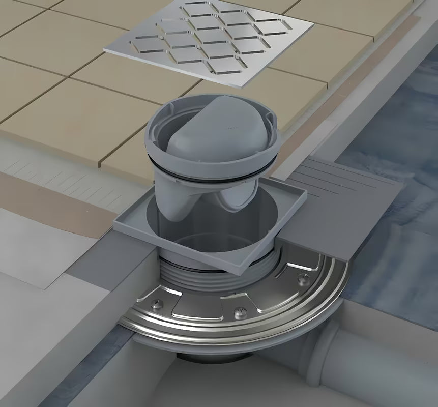 Podni sifon/slivnik Ravak SN501 s plastičnim tijelom i rešetkom od nehrđajućeg čelika, promjer 10,5 cm.