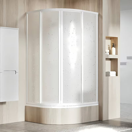Polukružna tuš kabina Ravak Supernova 80x80 cm u bijeloj boji s neprozirnom ispunom Pearl i kliznim otvaranjem.