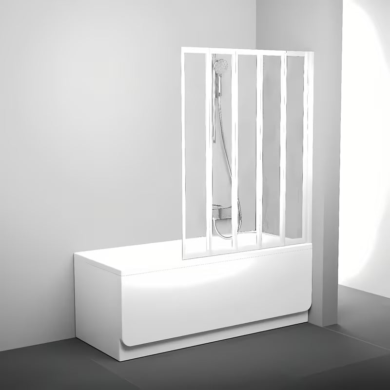 Bijela petodijelna sklopiva paravan za kadu Ravak Supernova s neprozirnom ispunom Rain, visina 133 cm.