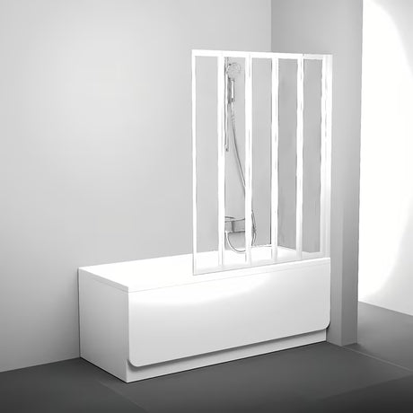 Bijela petodijelna sklopiva paravan za kadu Ravak Supernova s neprozirnom ispunom Rain, visina 133 cm.