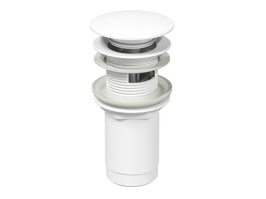 Bijela mat umivaonička odvod Ravak Click-Clack pro za umivaonik s preljevom, promjer gornjeg dijela 62 mm.