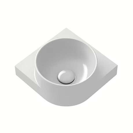 Bijeli keramički kutne mali umivaonik Ravak Yard bez preljeva s odlagališnom plohom i otvorom pro za slavinu.