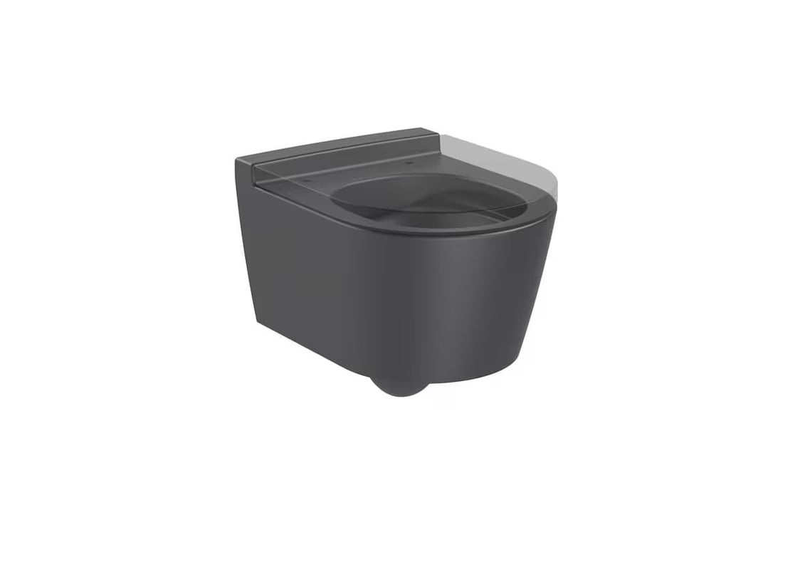 Viseća WC Školjka Roca Inspira u mat boji oniks s bezrubnom izvedbom Rimless i skrivenim pričvršćenjem.