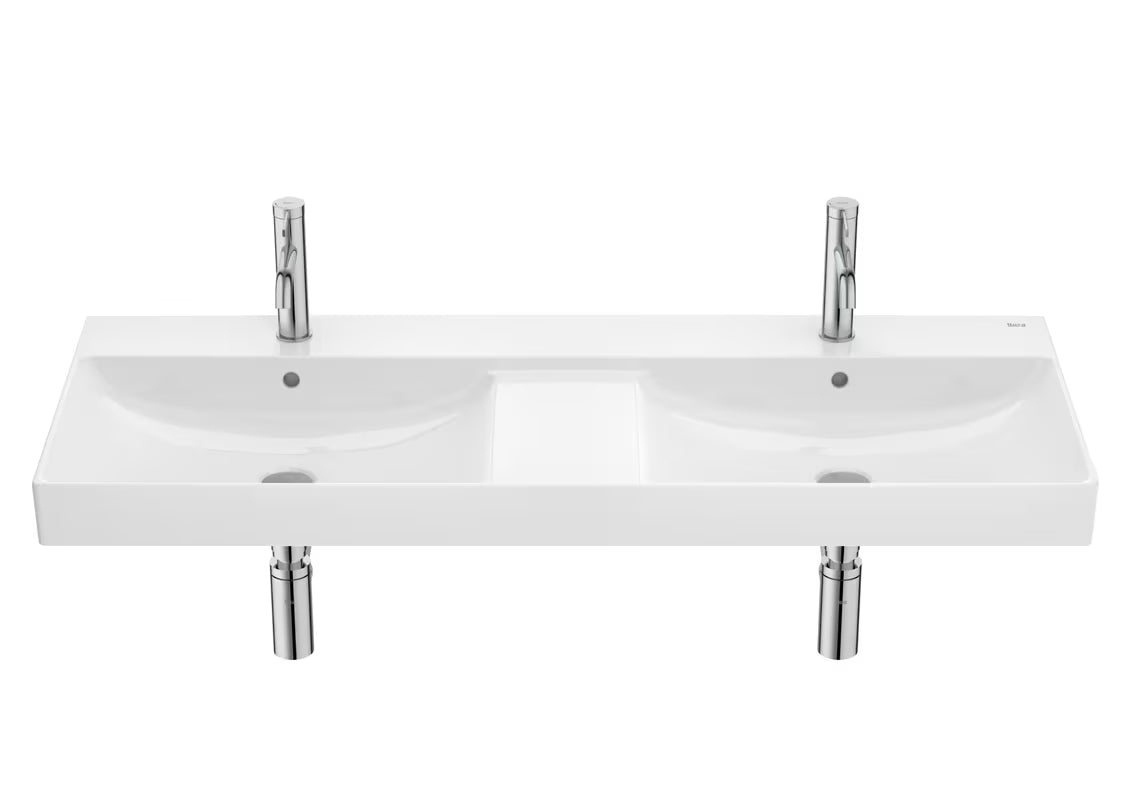 Bijeli keramički dvostruki umivaonik Roca Ona 120x46 cm s tankim rubovima i odlagališnom površinom