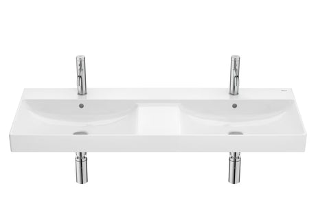 Bijeli keramički dvostruki umivaonik Roca Ona 120x46 cm s tankim rubovima i odlagališnom površinom