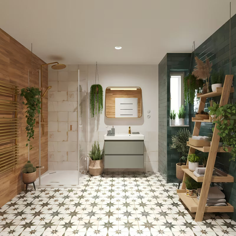 Viseća kupaonski ormarić s keramičkim umivaonikom Roca Ona u mat zelenoj boji.