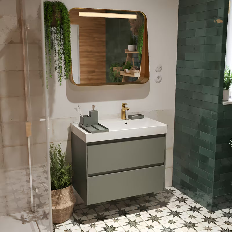 Viseća kupaonski ormarić s keramičkim umivaonikom Roca Ona u mat zelenoj boji.