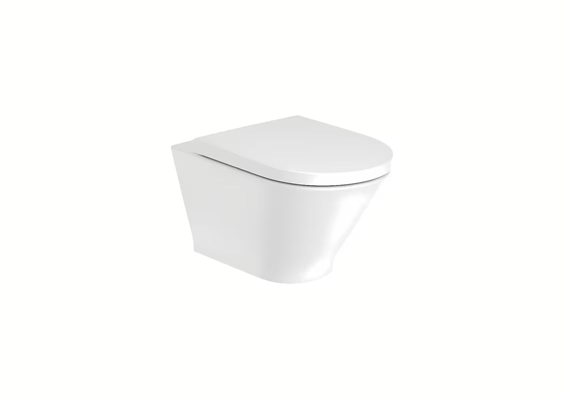 Bijeli viseća WC školjka Roca The Gap s Rimless izvedbom i sjajnom glaziranom površinom.