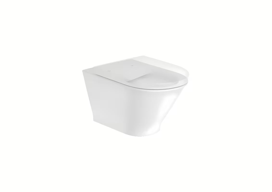 Bijeli viseća WC školjka Roca The Gap s Rimless izvedbom i sjajnom glaziranom površinom.